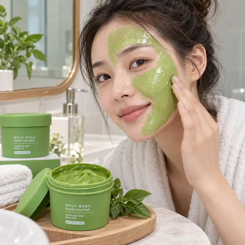 Holy Basil Bubble Deep Mask – Skin Detox Recipe Clay Bubble Mask with Sparkling Holy Basil & PHA, Gently Detoxifies Pores and Removes Blackheads, Korean Wash-Off Pack for Clearer Skin, 90G