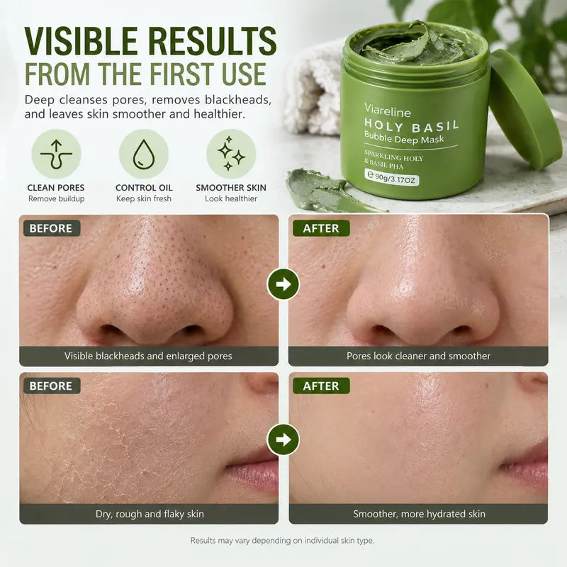 Holy Basil Bubble Deep Mask – Skin Detox Recipe Clay Bubble Mask with Sparkling Holy Basil & PHA, Gently Detoxifies Pores and Removes Blackheads, Korean Wash-Off Pack for Clearer Skin, 90G