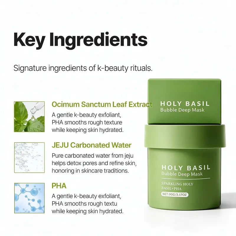 Holy Basil Bubble Deep Mask – Skin Detox Recipe Clay Bubble Mask with Sparkling Holy Basil & PHA, Gently Detoxifies Pores and Removes Blackheads, Korean Wash-Off Pack for Clearer Skin, 90G